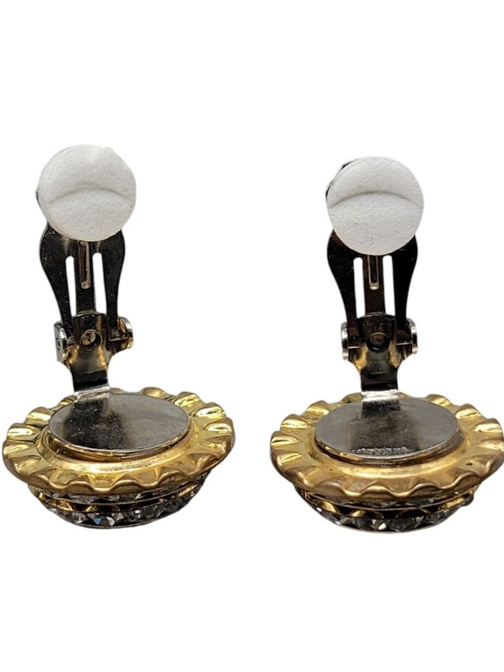 Vintage Lilac Rivoli Clip On Earrings Double Crystal Halo Domed Gold Tone - Picture 11 of 11